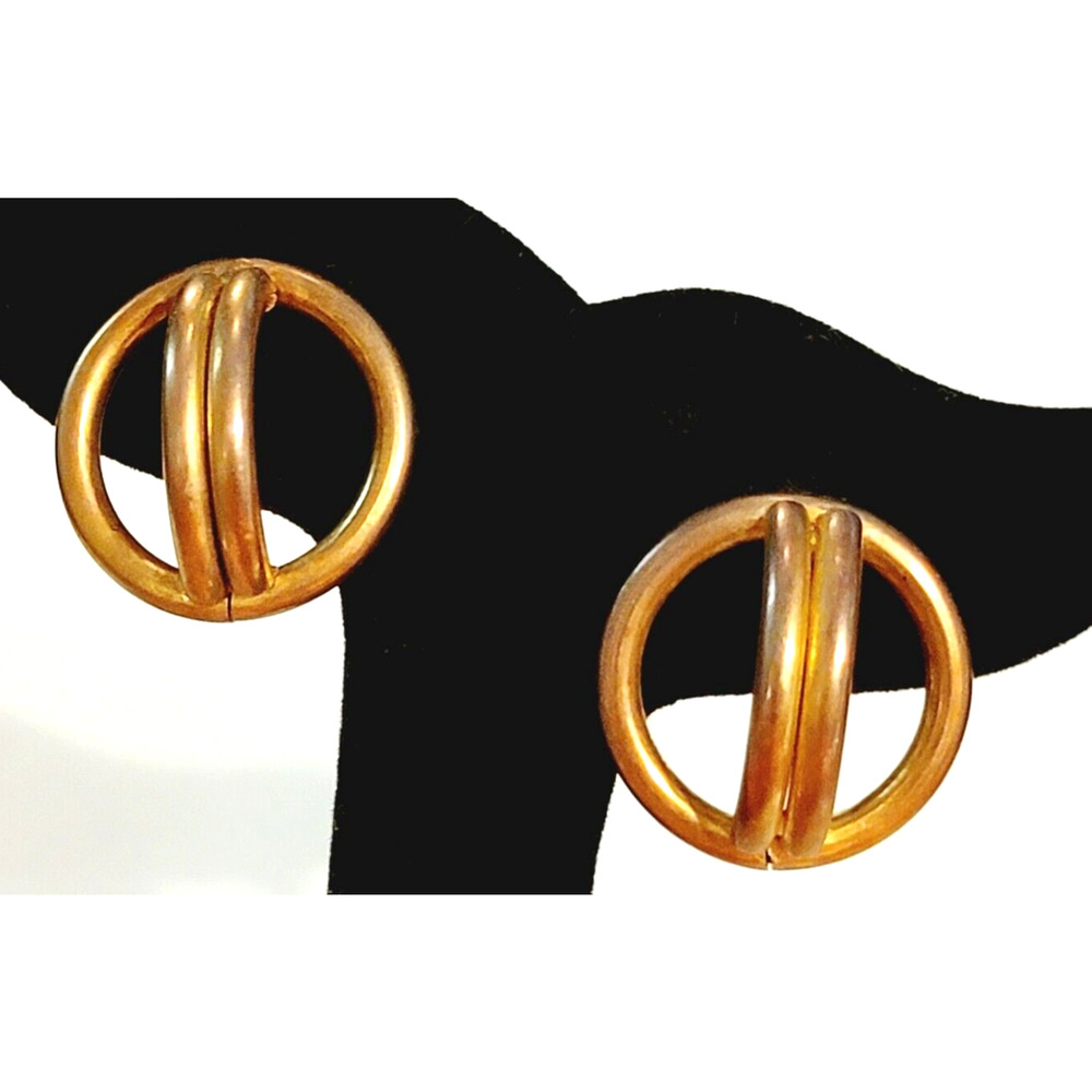Vintage Atomic Brass Pierced‎ Earrings Mid-Century Structural Abstract gp-85